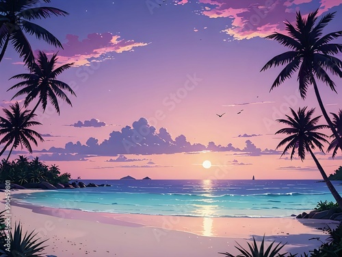 the natural seaside under a pastel pink and purple sunset.Distant view, long-shot. High definition. High contrast. High resolution. High color saturation. Intricate detail. Anime art 