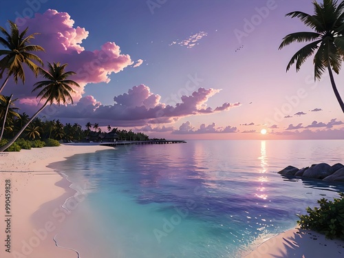 the natural seaside under a pastel pink and purple sunset.Distant view, long-shot. High definition. High contrast. High resolution. High color saturation. Intricate detail. Anime art 