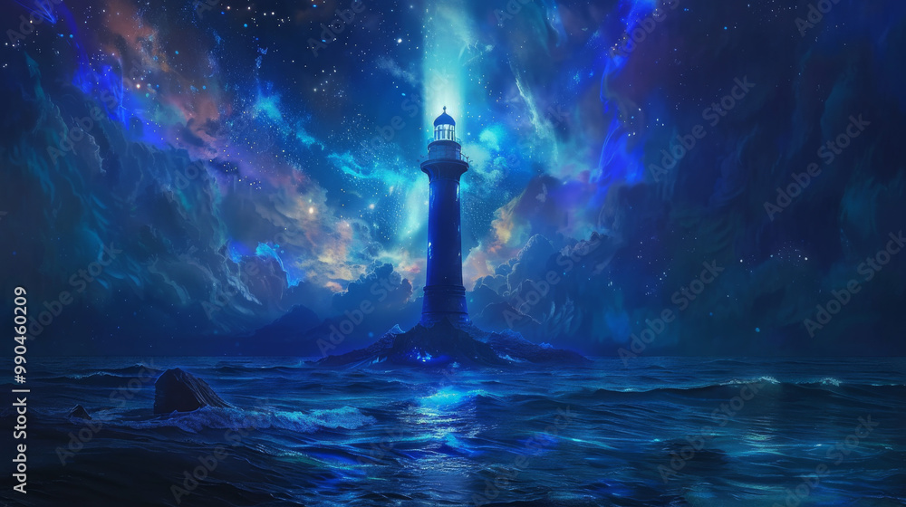 A cosmic lighthouse illuminates night sky, guiding lost souls through vibrant, starry ocean. scene evokes sense of wonder and tranquility. A cosmic lighthouse illuminates night sky, guiding lost souls through vibrant, starry ocean. scene evokes sense of wonder and tranquility.
