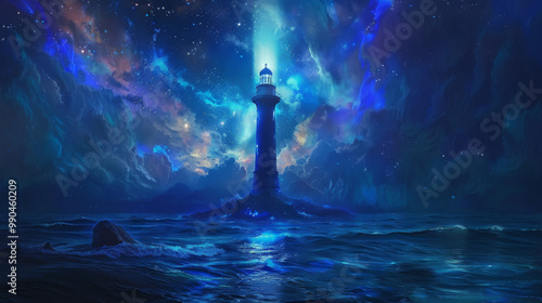 A cosmic lighthouse illuminates night sky, guiding lost souls through vibrant, starry ocean. scene evokes sense of wonder and tranquility.