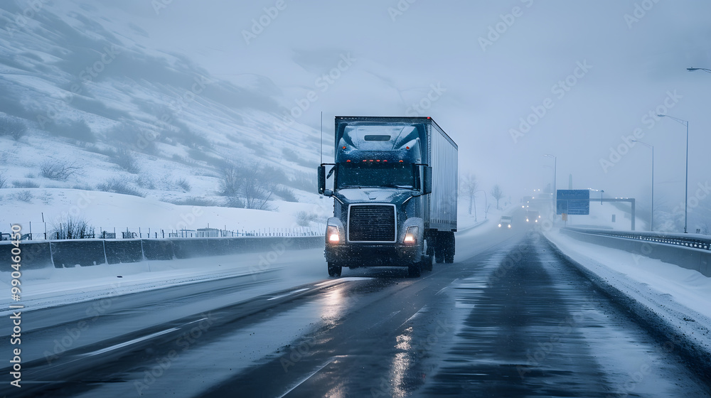 A truck carrying cargo in the winter on the highway in the evening. AI Generated A truck carrying cargo in the winter on the highway in the evening. AI Generated