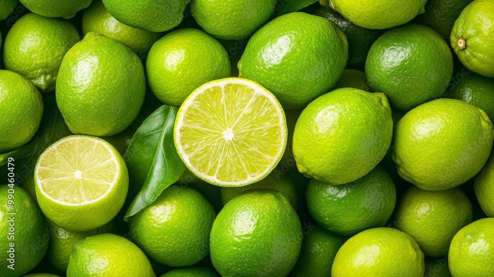 Fresh green limes with sliced lime in the center, showcasing vibrant color and juicy texture. Perfect for culinary, beverage, and health themes.