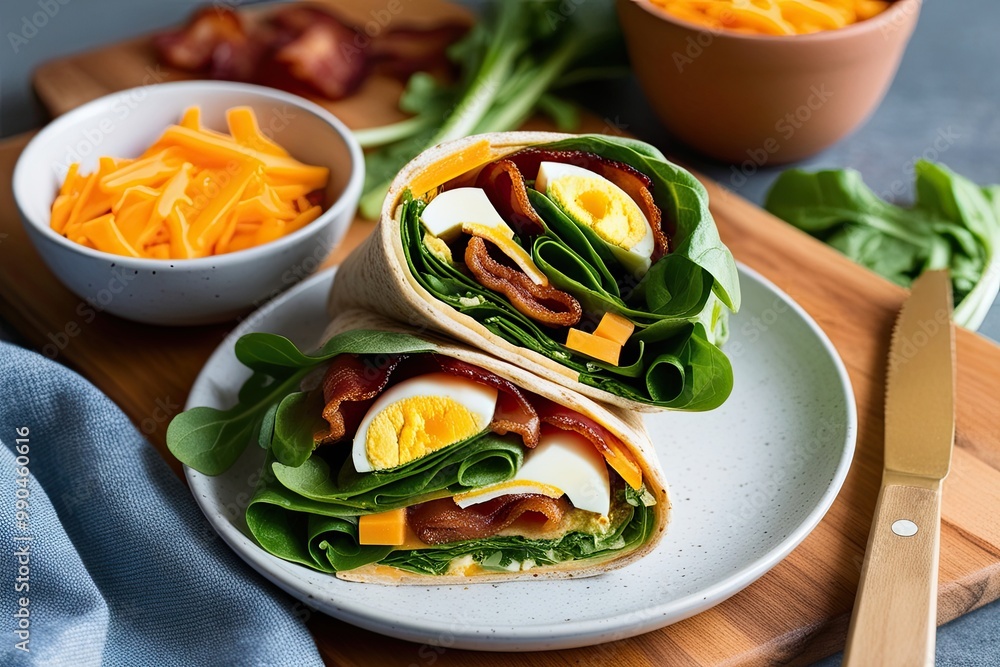 Savory Bacon and Egg Wrap with Fresh Greens and Cheddar Cheese Savory Bacon and Egg Wrap with Fresh Greens and Cheddar Cheese