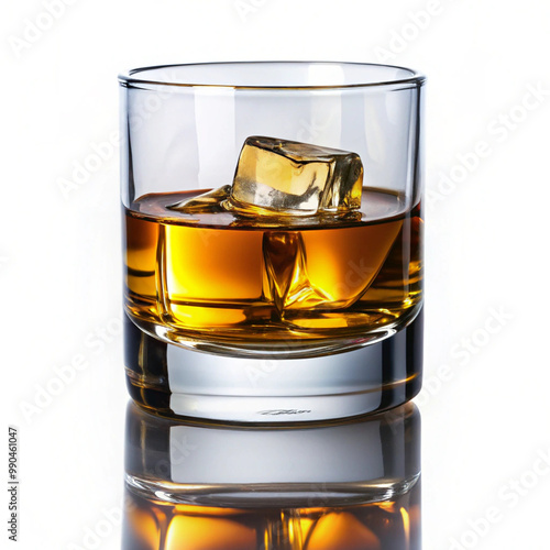 A glass of whiskey with a single ice cube, set against a white background. The amber liquid contrasts beautifully with the clarity of the glass. photo