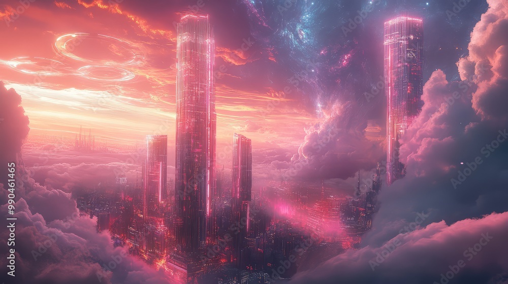 A futuristic metropolis with towering glass buildings glowing with neon lights, set against a backdrop of swirling cosmic clouds. A futuristic metropolis with towering glass buildings glowing with neon lights, set against a backdrop of swirling cosmic clouds.