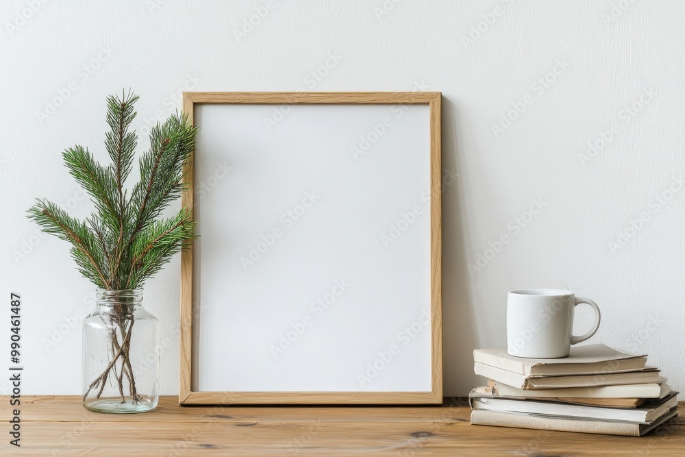 Elegant Christmas Frame Mockup with Pine Branch in White Vase Elegant Christmas Frame Mockup with Pine Branch in White Vase
