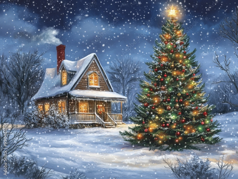 2408 81.A cozy house sits nestled in a snowy Christmas landscape under a starry night sky. A beautifully decorated Christmas tree stands next to the house, glowing with colorful lights, while 2408 81.A cozy house sits nestled in a snowy Christmas landscape under a starry night sky. A beautifully decorated Christmas tree stands next to the house, glowing with colorful lights, while