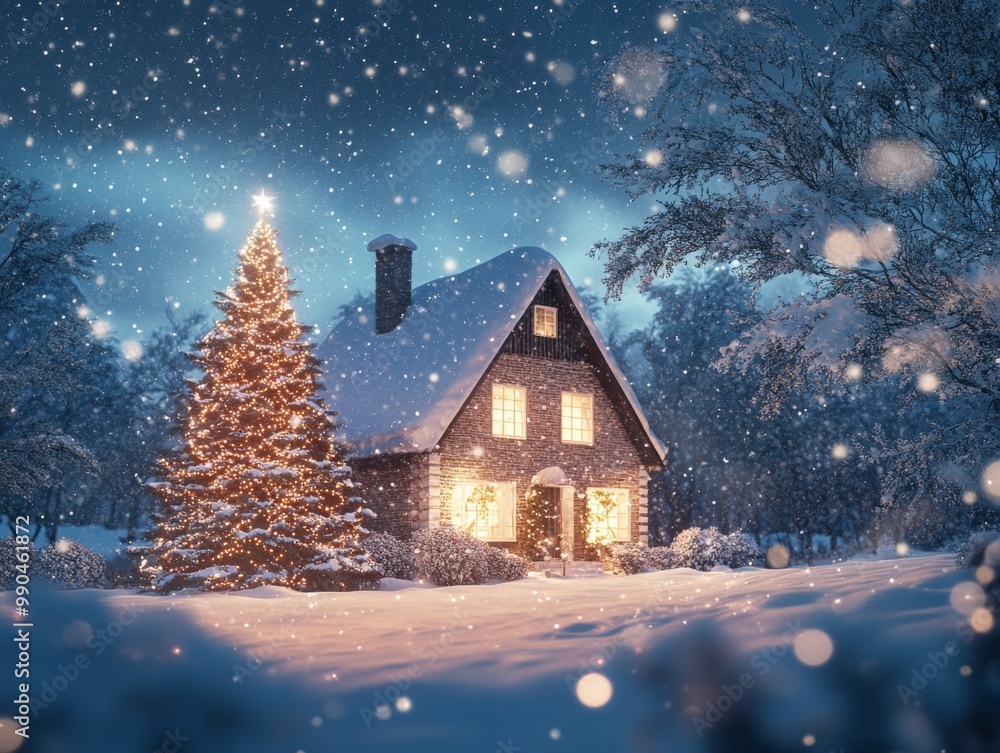 2408 84.A beautiful winter scene of a house covered in snow, illuminated by soft Christmas lights. A festive Christmas tree stands nearby, surrounded by gently falling snowflakes. The starry night 2408 84.A beautiful winter scene of a house covered in snow, illuminated by soft Christmas lights. A festive Christmas tree stands nearby, surrounded by gently falling snowflakes. The starry night