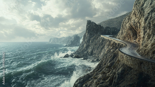 dramatic coastal road winding through rugged cliffs and stormy sea photo