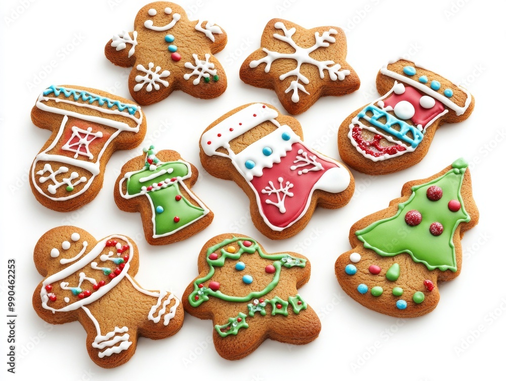 2408 88.A group of flat cartoon-style gingerbread cookies for Christmas, featuring festive shapes like bells, stockings, and Christmas trees. Each cookie is iced with colorful designs, adding a 2408 88.A group of flat cartoon-style gingerbread cookies for Christmas, featuring festive shapes like bells, stockings, and Christmas trees. Each cookie is iced with colorful designs, adding a
