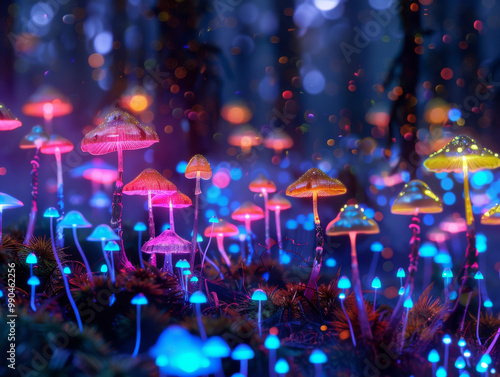 Bioluminescent mushrooms illuminate mystical forest, creating vibrant and enchanting atmosphere.