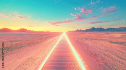 A futuristic solar railway cutting through a vibrant desert, its tracks glowing with energy harnessed from the bright sun above.