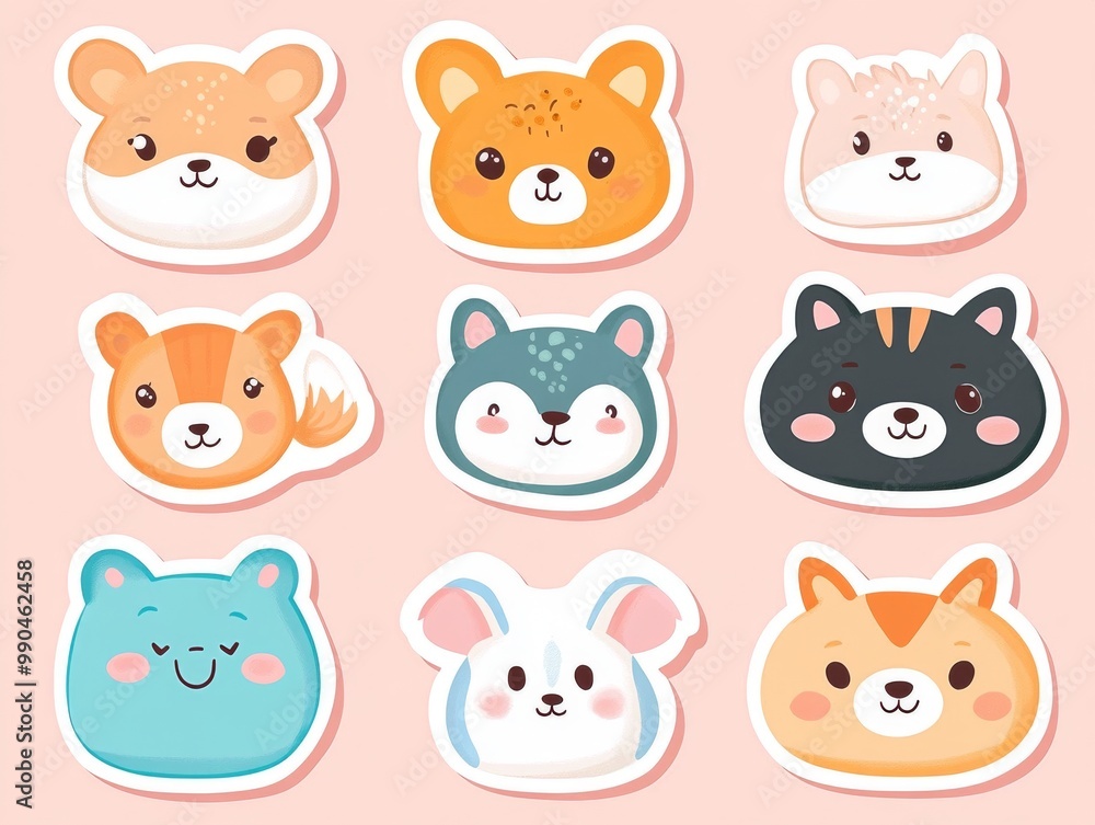 2408 91.A set of hand-drawn cartoon animal stickers featuring cute and playful designs. The collection includes animals like a bear, cat, rabbit, and fox, each illustrated with expressive features