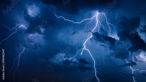 Dramatic photo of a Lightning bolt discharge in stormy night sky