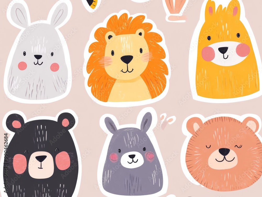 Fototapeta premium 2408 94.A delightful sticker set of hand-drawn cartoon animals, including a lion, bear, and rabbit. The characters are illustrated in a cute doodle style with expressive eyes and fun details, making