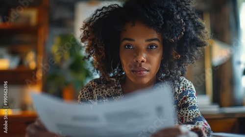 Focused woman reading documents at home, concentrating deeply on the information in a cozy living room setting.