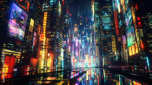 cyberpunk cityscape with neon lights and reflections at night - digital art, futuristic, urban, glowing, sci-fi, 3d render