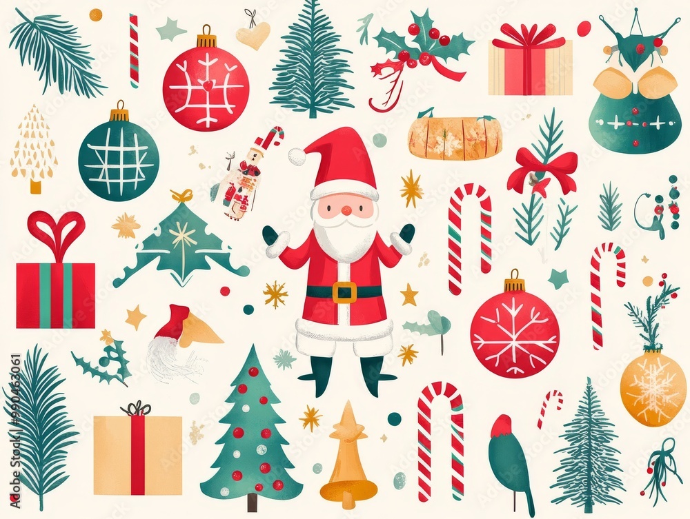2408 11.A festive Merry Christmas and Happy New Year vector background featuring a collection of classic holiday icons such as nutcrackers, Santa Claus, Christmas baubles, pine trees, candy canes, 2408 11.A festive Merry Christmas and Happy New Year vector background featuring a collection of classic holiday icons such as nutcrackers, Santa Claus, Christmas baubles, pine trees, candy canes,