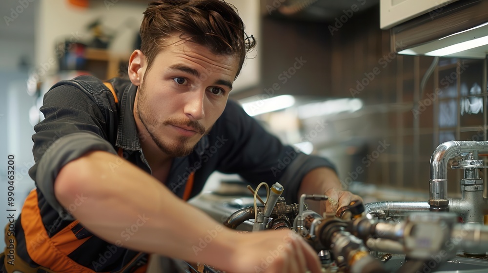 Young male plumber working diligently on kitchen pipes. Focused and skilled professional providing repair service in modern kitchen. Young male plumber working diligently on kitchen pipes. Focused and skilled professional providing repair service in modern kitchen.