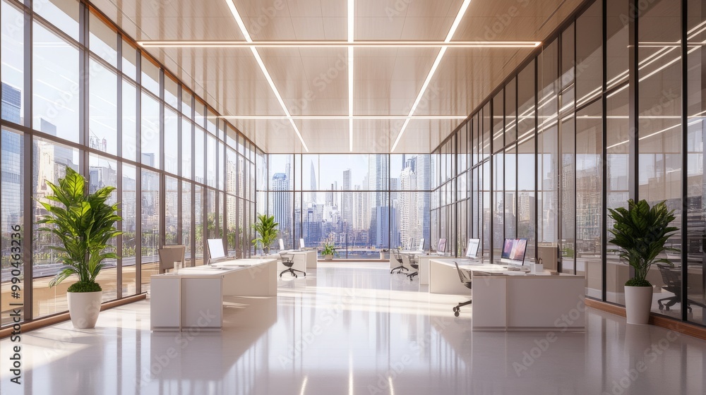 Bright open office space with minimalist design, large windows framing a vibrant cityscape, and modern workstations. 3D rendering. Bright open office space with minimalist design, large windows framing a vibrant cityscape, and modern workstations. 3D rendering.