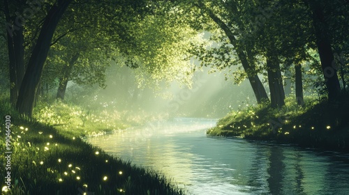 A glowing, ethereal forest where every leaf and blade of grass emits a soft light, with a crystal-clear river winding through.