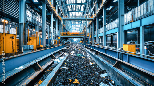 An industrial facility focused on recycling processes, featuring a black belt conveyor with discarded materials, surrounded by metal structures and vibrant blue ceilings