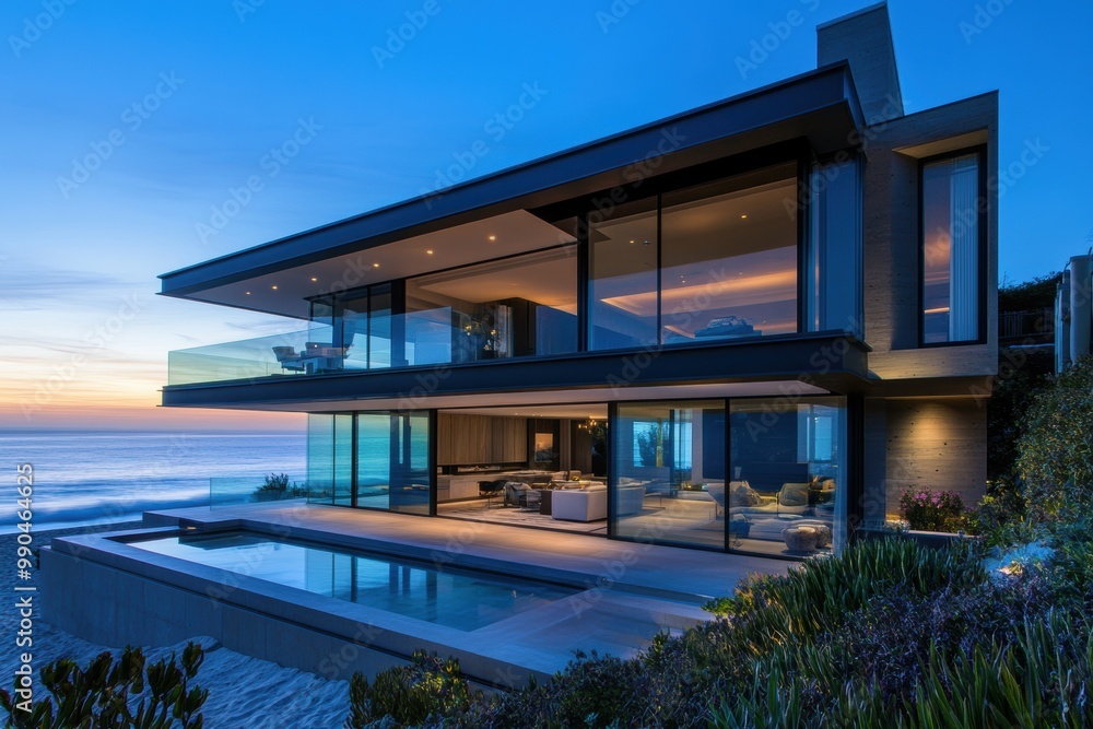 A modern beachfront home with expansive glass walls, offering stunning ocean views and a luxurious ambiance at twilight. A modern beachfront home with expansive glass walls, offering stunning ocean views and a luxurious ambiance at twilight.