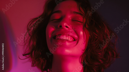 A woman smiling under red lighting in a dimly lit room