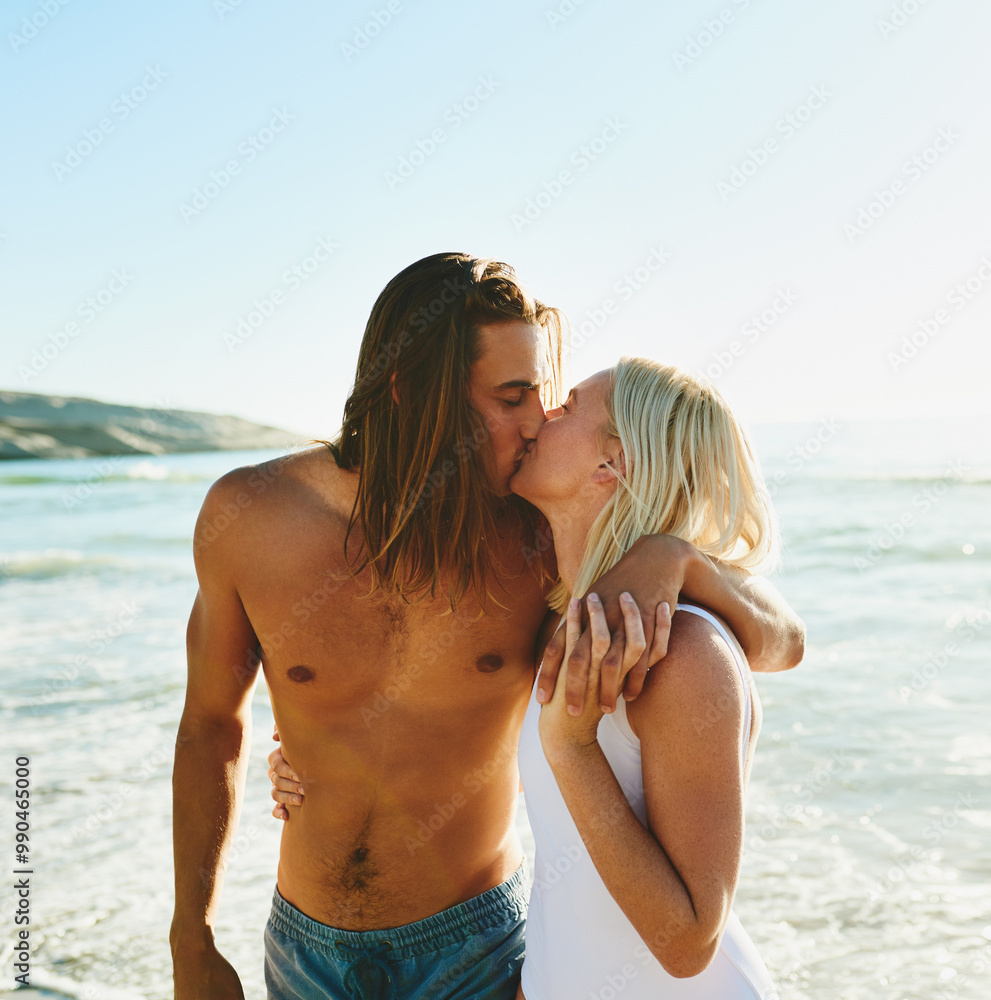 Smile, couple and kiss with love on beach for romance date, sea water and support of tropical vacation. Happy, woman and man holding hands with loyalty, embrace and holiday journey for summer morning Smile, couple and kiss with love on beach for romance date, sea water and support of tropical vacation. Happy, woman and man holding hands with loyalty, embrace and holiday journey for summer morning