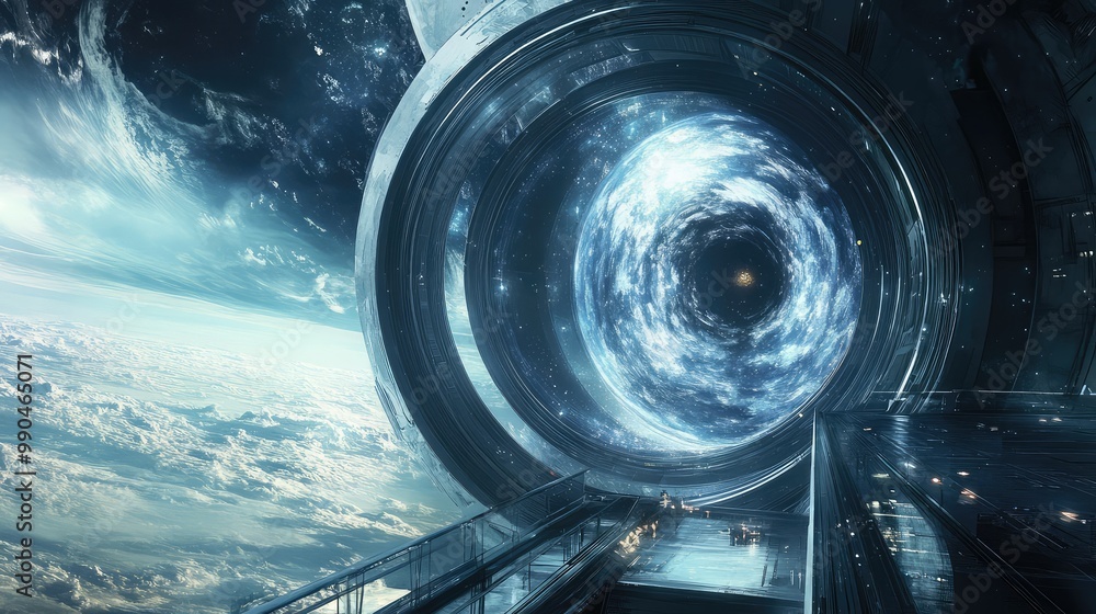 A grand, futuristic observatory on the edge of a black hole, with swirling cosmic energy visible through massive glass windows. A grand, futuristic observatory on the edge of a black hole, with swirling cosmic energy visible through massive glass windows.
