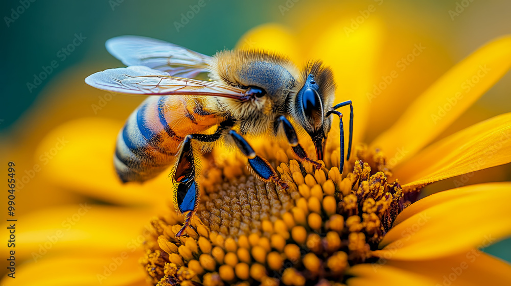 Close-up of a bee on a sunflower, showcasing intense detail and vibrant yellow hues in a natural macro shot Close-up of a bee on a sunflower, showcasing intense detail and vibrant yellow hues in a natural macro shot