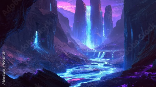 A hidden canyon on a distant planet, where glowing rivers flow through strange, spiral rock formations, illuminating the darkened landscape.