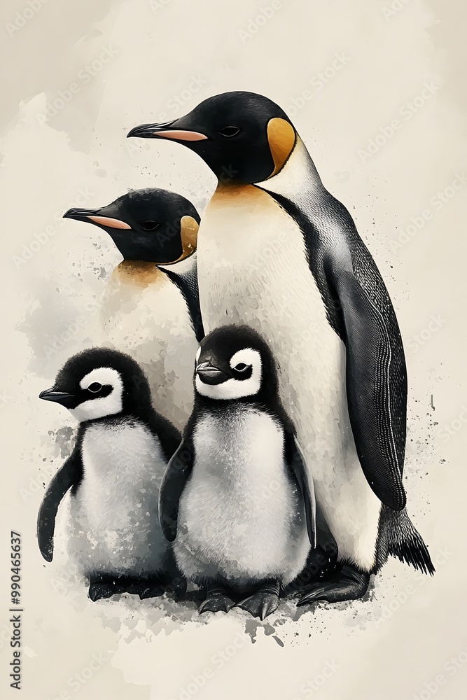 Obraz premium Charming Watercolor Depiction of Penguins in Familial Embrace