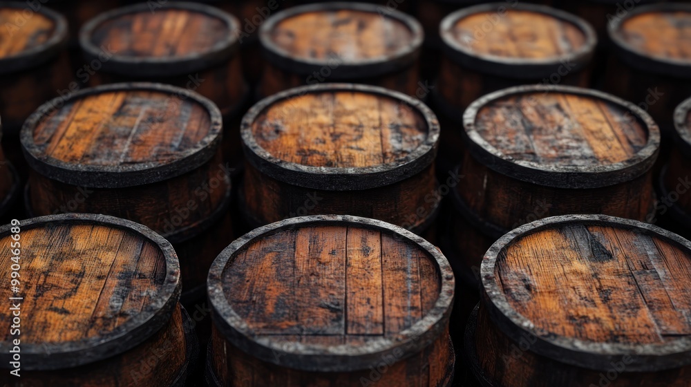 Close-up of multiple aged wooden barrels with metal bands. Close-up of multiple aged wooden barrels with metal bands.