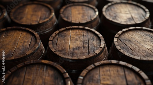 Close-up of old wooden barrels stacked on top of each other, showing the grain of the wood and the craftsmanship.