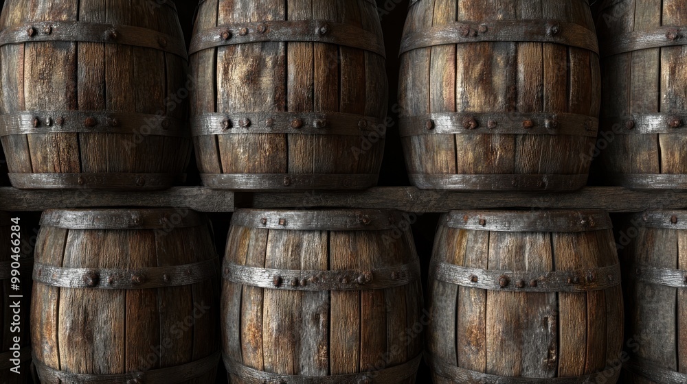Close-up of stacked wooden barrels with metal bands. Close-up of stacked wooden barrels with metal bands.
