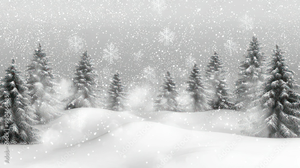 Fototapeta premium A snowy white background with pine trees and falling snowflakes on a transparent background. 