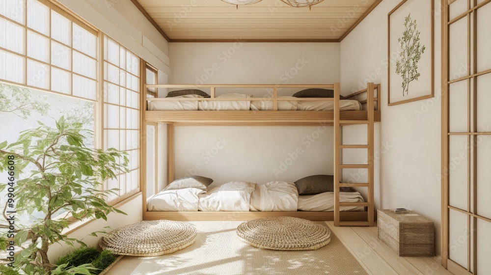 Simple and clean bedroom with bunk beds in a traditional Japanese style ...