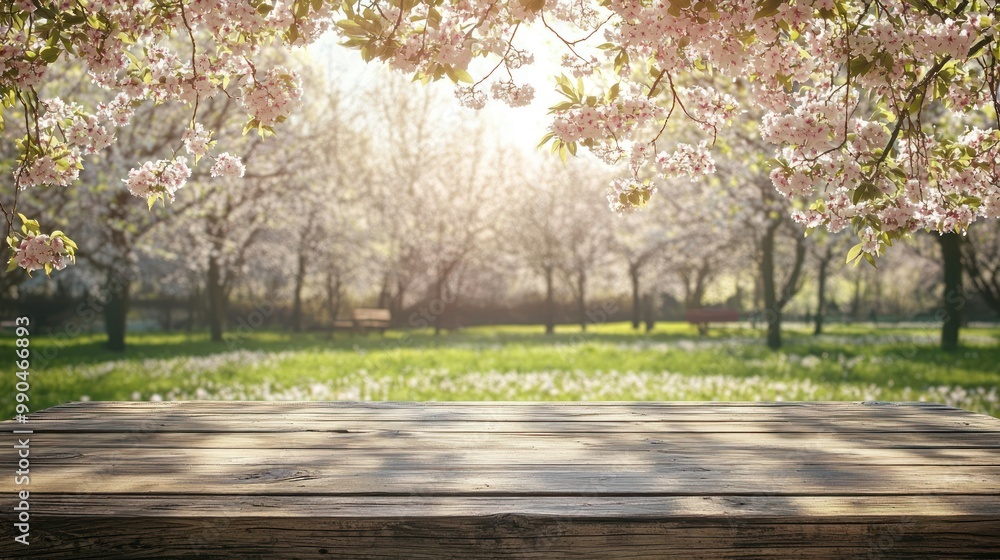 Naklejka premium A spring picnic table background in a park with blooming trees and soft sunlight.