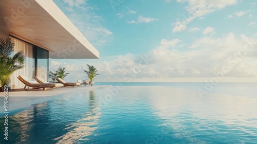 Infinity pool and lounge chairs overlooking the ocean on a bright, clear day.