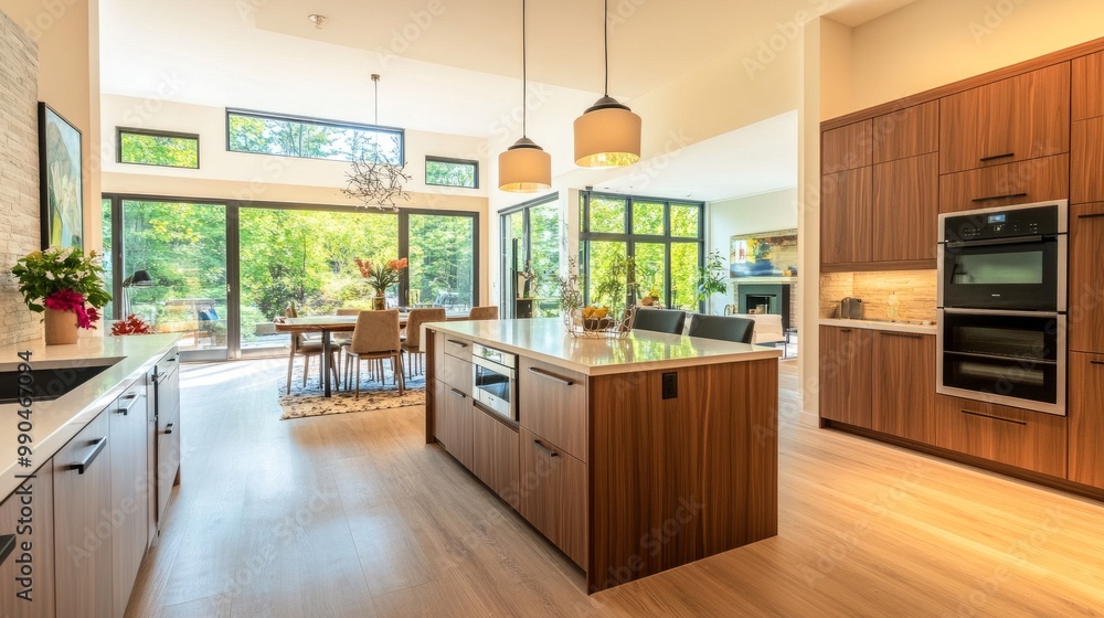 Fototapeta premium Open-concept kitchen with a modern island, dining table, and a cabinet placed near a large window for a clean, airy feel.
