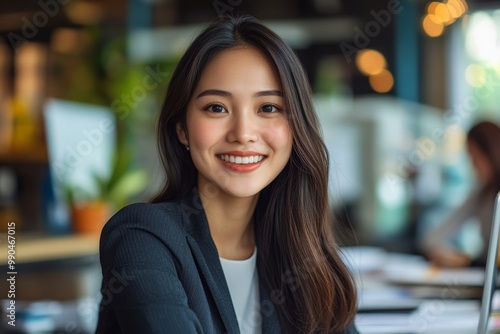 Happy Asian executive manager analyzing business reports with her team in office and looking at camera, Generative AI