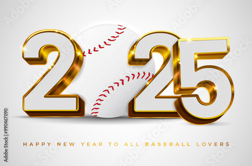 3D golden shiny inscription 2025 with textured filling and baseball ball