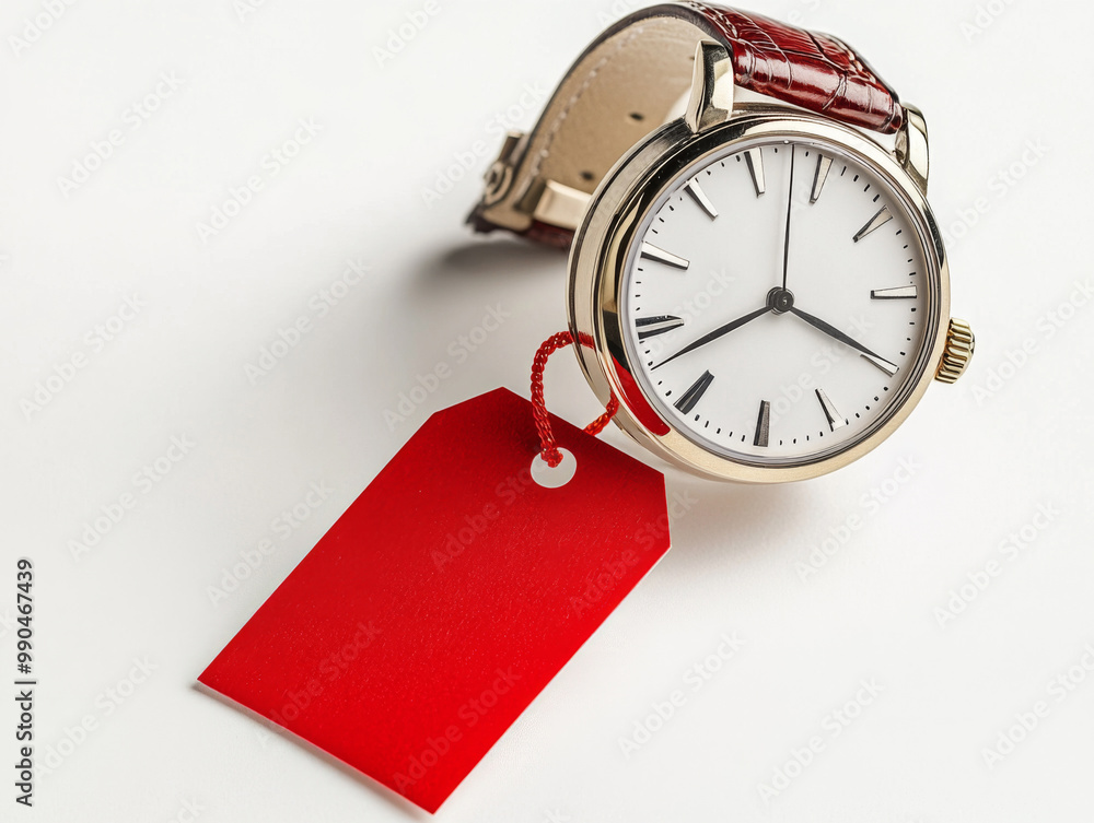 A stylish silver watch features a brown leather strap, elegantly displayed on a white backdrop alongside a vibrant red tag indicating a potential sale. A stylish silver watch features a brown leather strap, elegantly displayed on a white backdrop alongside a vibrant red tag indicating a potential sale.