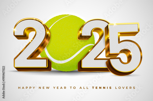 3D golden shiny inscription 2025 with textured filling and tennis ball