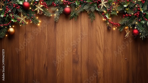 A wood texture background with Christmas wreaths and garlands on a transparent background. 