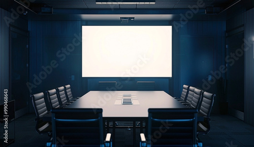 Dimly Lit Meeting Room with Blank Projector Screen and Blue Walls