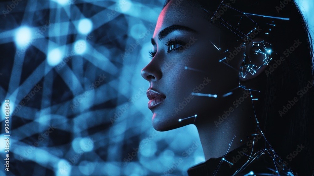 Close up portrait of a woman with glowing lines of light on her face against a blurred blue background. Close up portrait of a woman with glowing lines of light on her face against a blurred blue background.