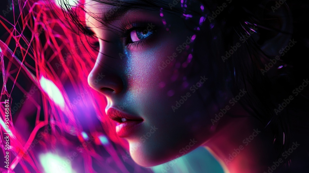 Close-up portrait of a woman with pink and blue light reflecting on her face and hair. Close-up portrait of a woman with pink and blue light reflecting on her face and hair.