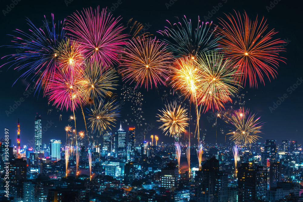A vibrant display of fireworks illuminates a city skyline at night, celebrating a festive occasion. A vibrant display of fireworks illuminates a city skyline at night, celebrating a festive occasion.